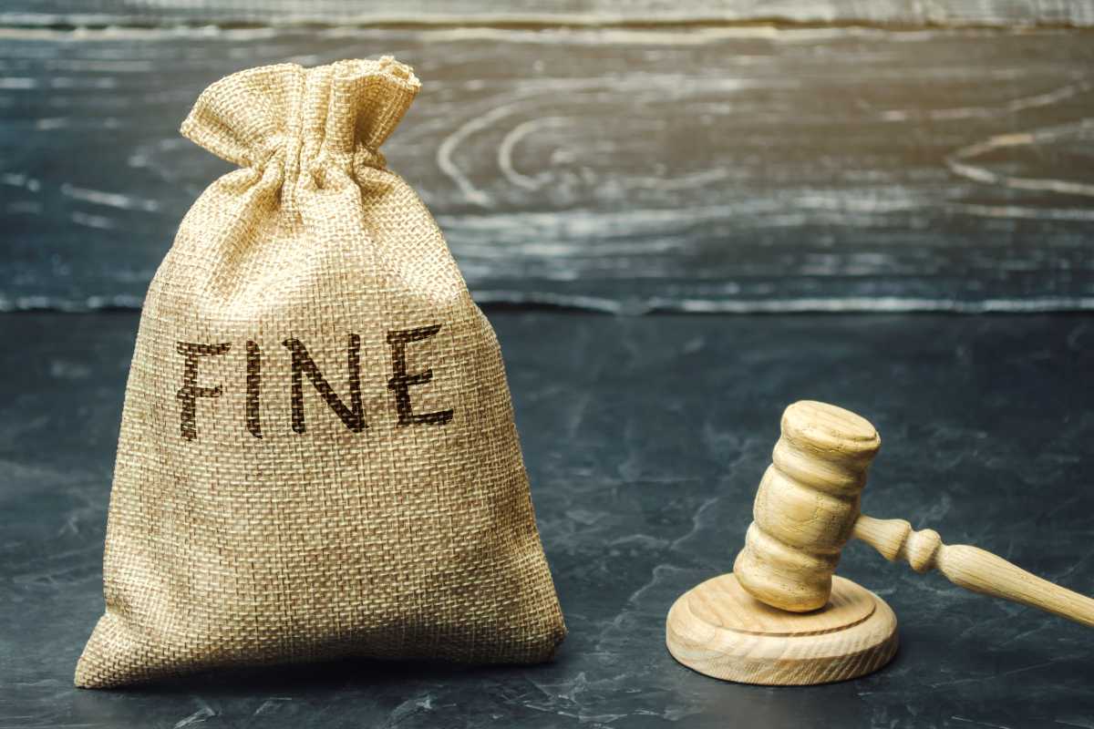 Bag reading "fine" next to a gavel