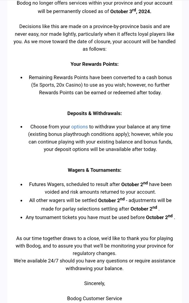 Letter from Bodog sent to customers in Nova Scotia
