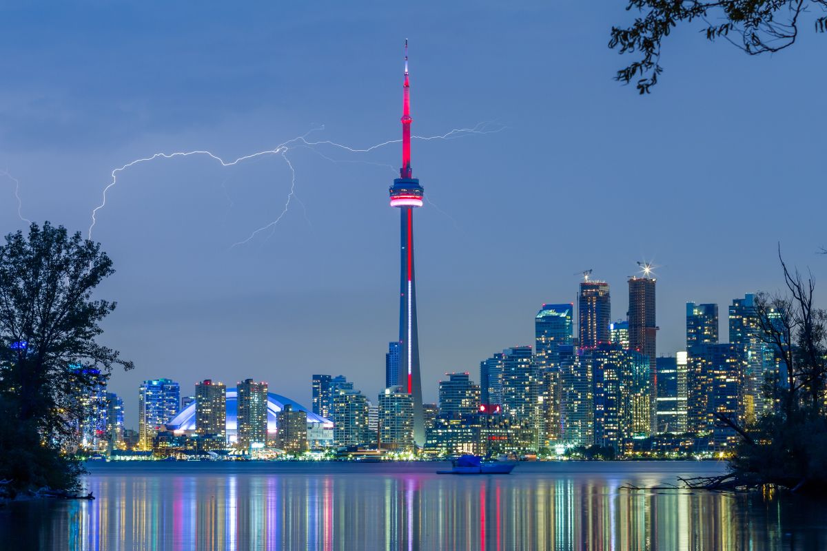 A lightning bolt seen behind Toronto's CN Tower