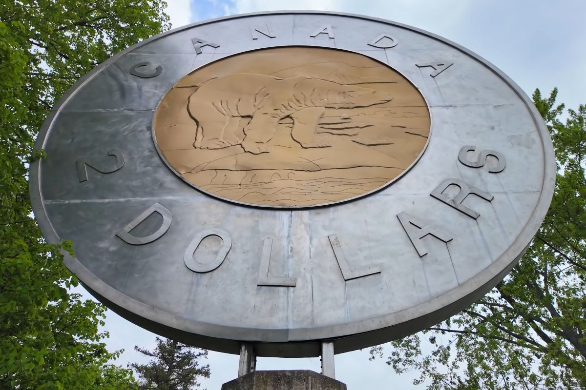 A statue of a two-dollar coin, or Toonie, in Ontario