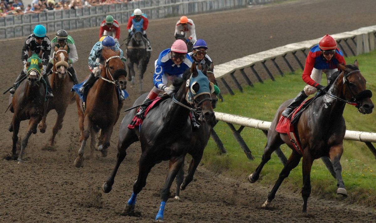 Jockeys race horses at Hastings in Vancouver, B.C.