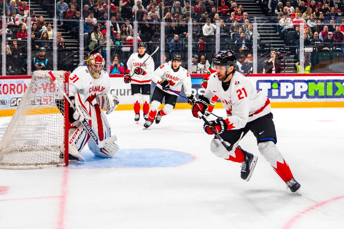 Team Canada hockey players in a 2025 World Championship warm-up game