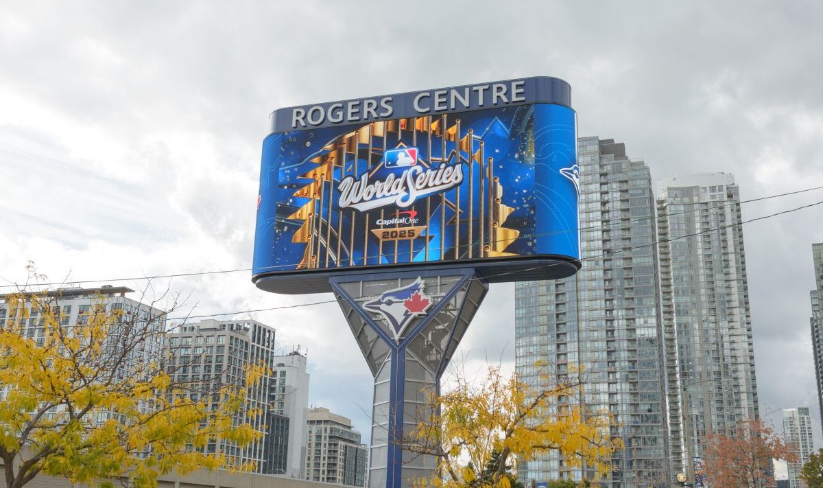 A Toronto Blue Jays World Series sign outside the Rogers Centre in Toronto