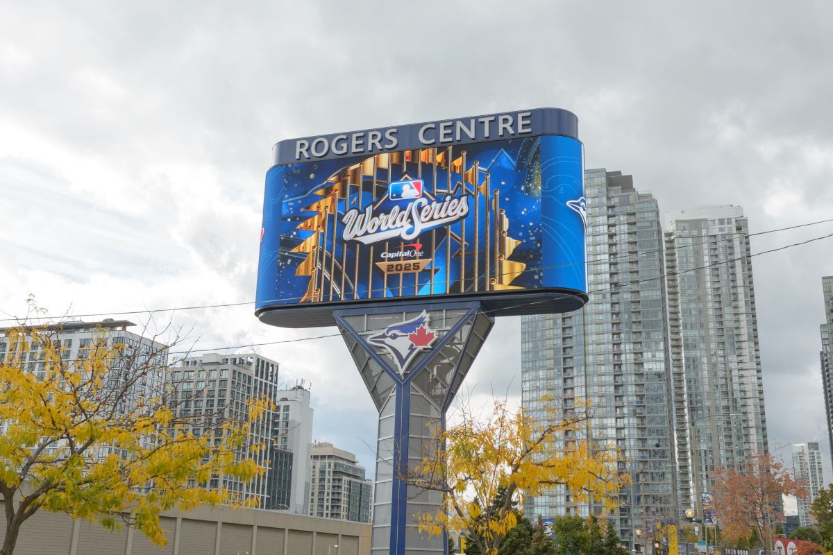 A Toronto Blue Jays World Series sign outside the Rogers Centre in Toronto