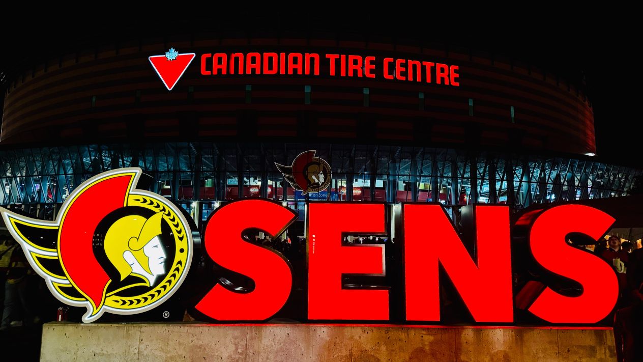 An Ottawa Senators logo installation in from of the Canadian Tire Centre