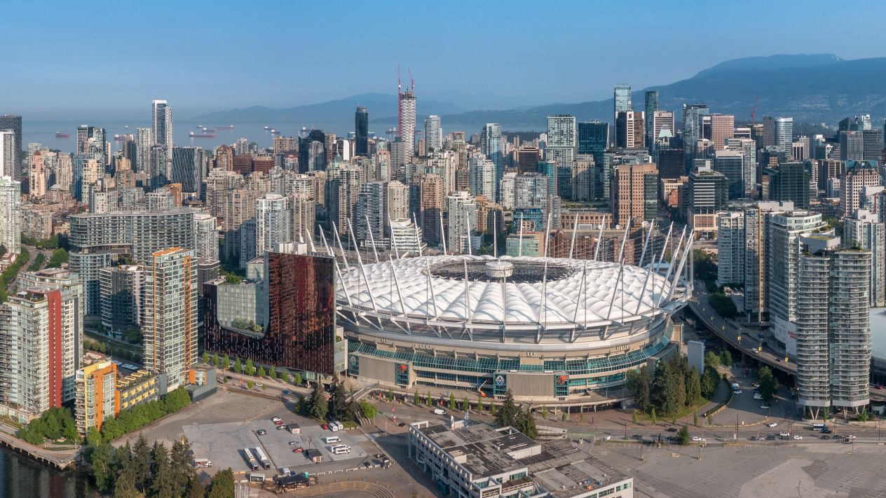 An aerial view of Vancouver showing BC Place next to the Parq Casino building