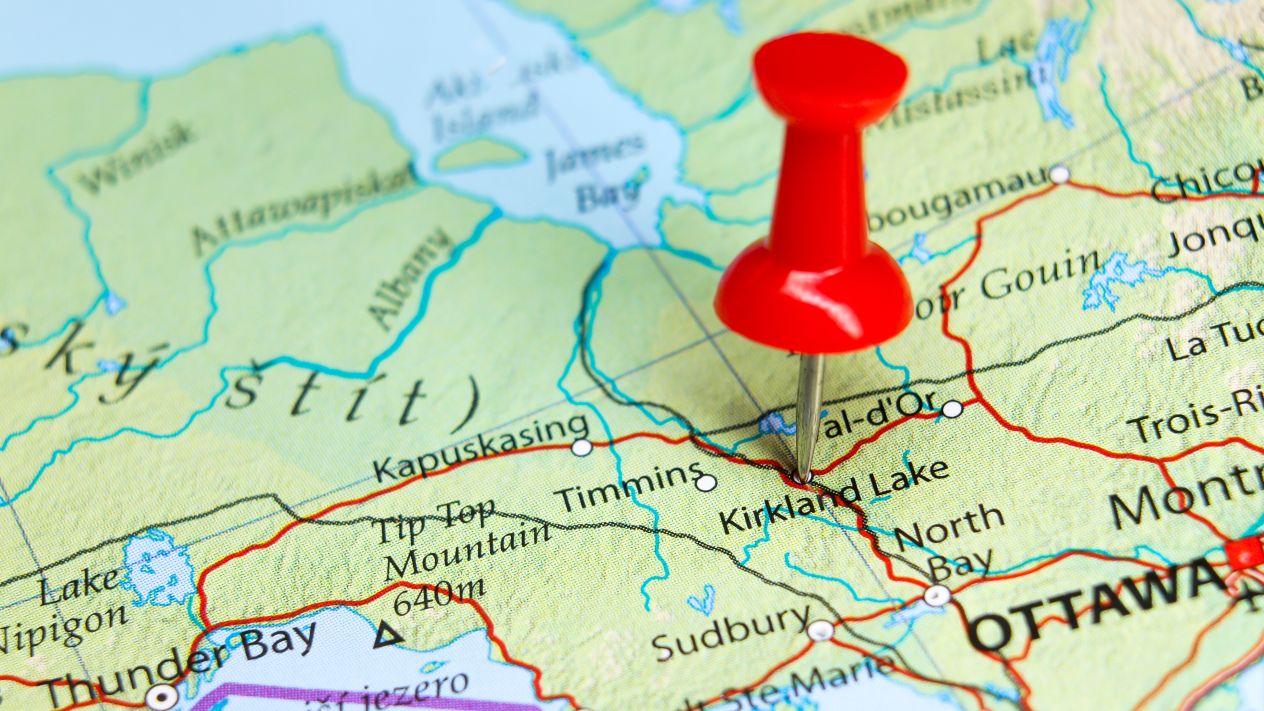 An Ontario map with a pin in Kirkland Lake
