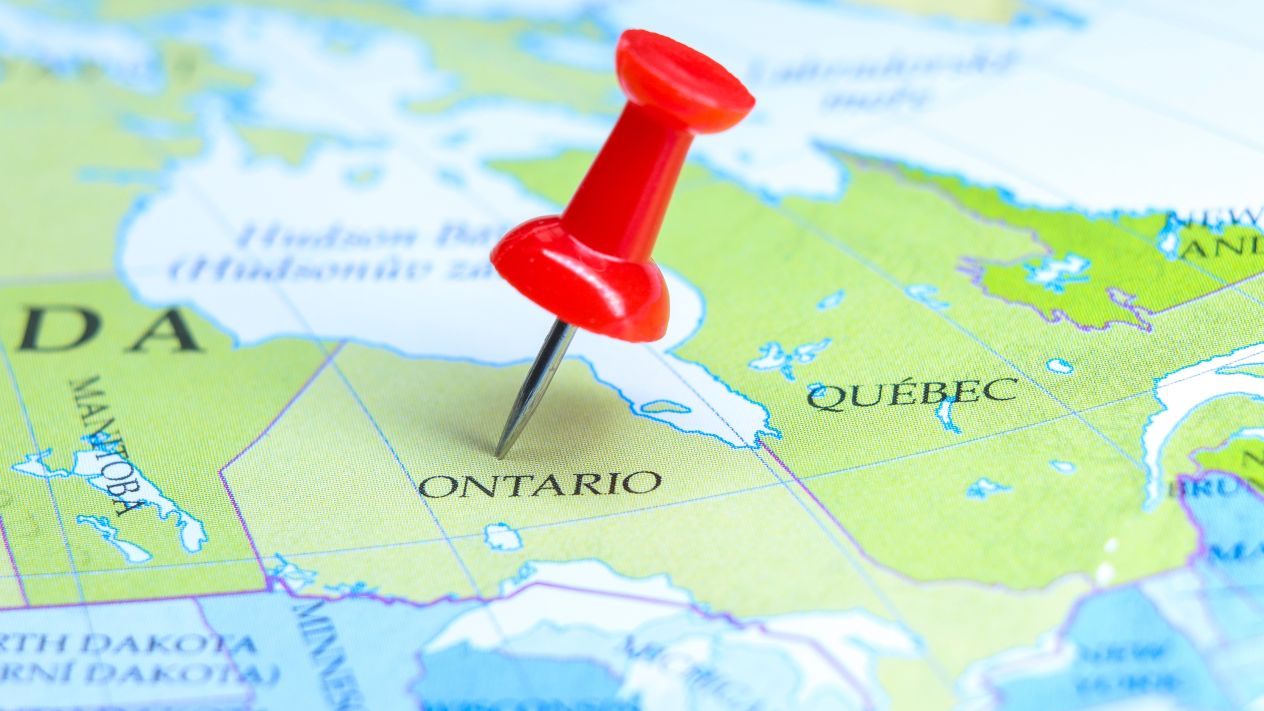 A map of Canada with a pin in Ontario