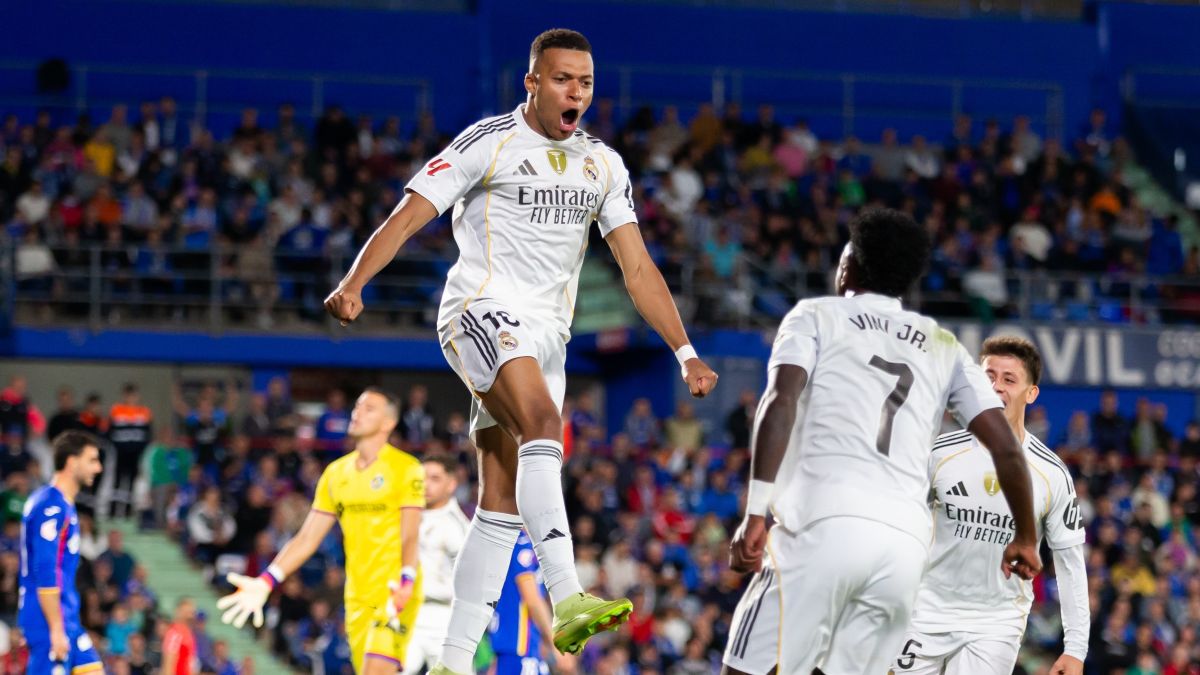 Kylian Mbappe celebrates scoring for Real Madrid in a La Liga game