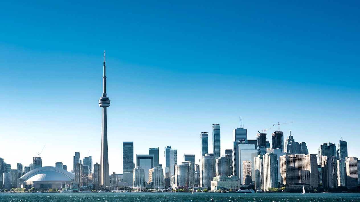 Toronto city skyline and blue sky on a clear day in Summer. Ontario, Canada