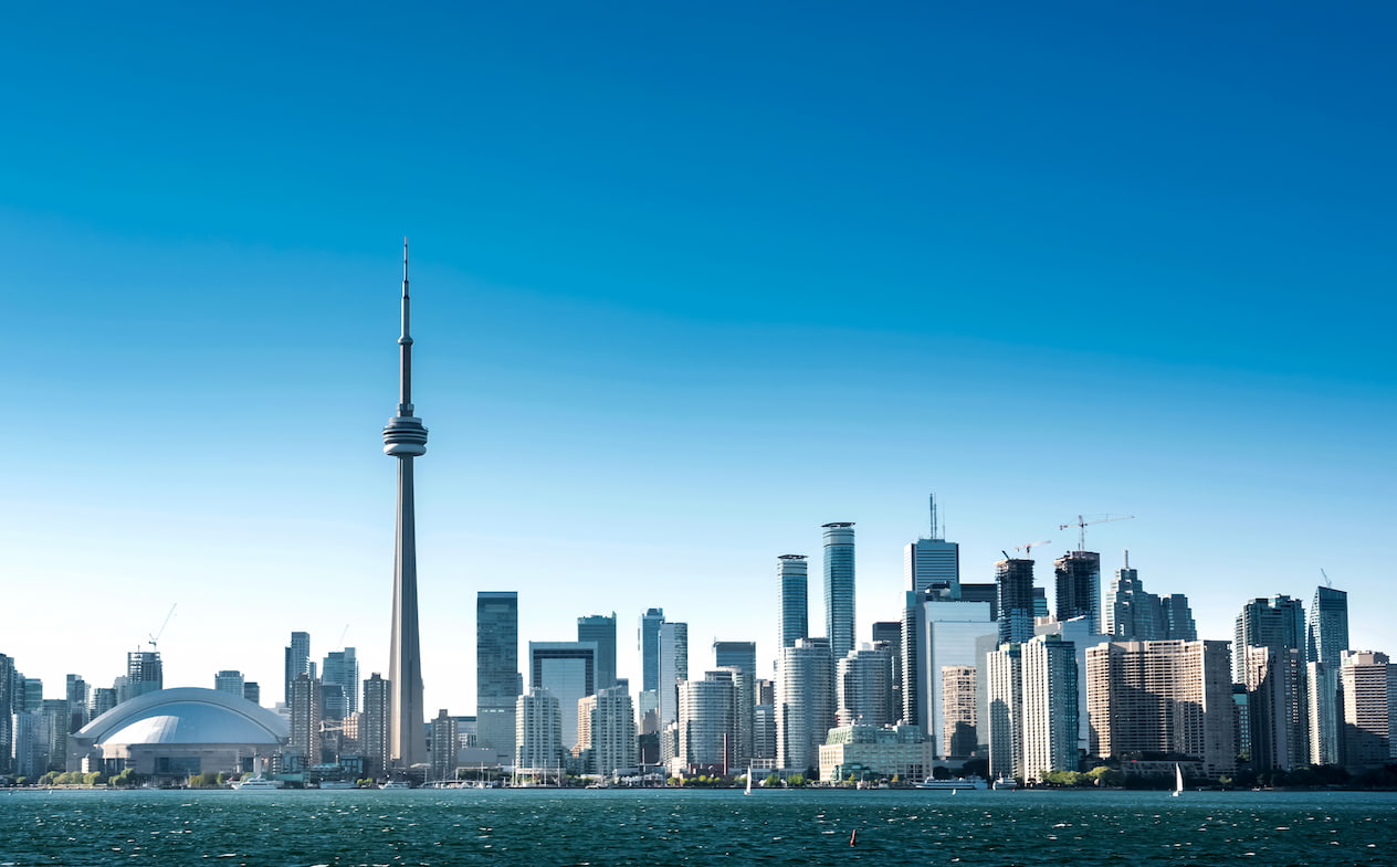 Toronto city skyline and blue sky on a clear day in Summer. Ontario, Canada