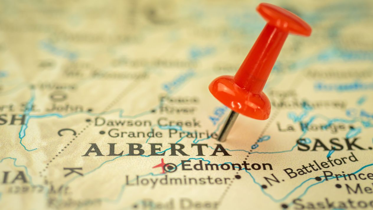 A map of Alberta with a pin in Edmonton