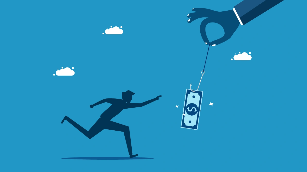 A hand takes money from a running man, illustrating unlawful offshore casinos.