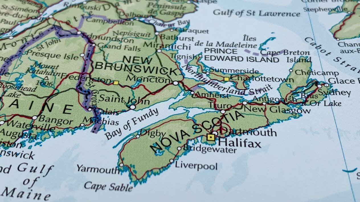 A map of Atlantic Canada showing New Brunswick and Nova Scotia